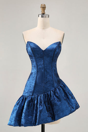 A Line Strapless Asymmetrical Dark Blue Short Prom Dress